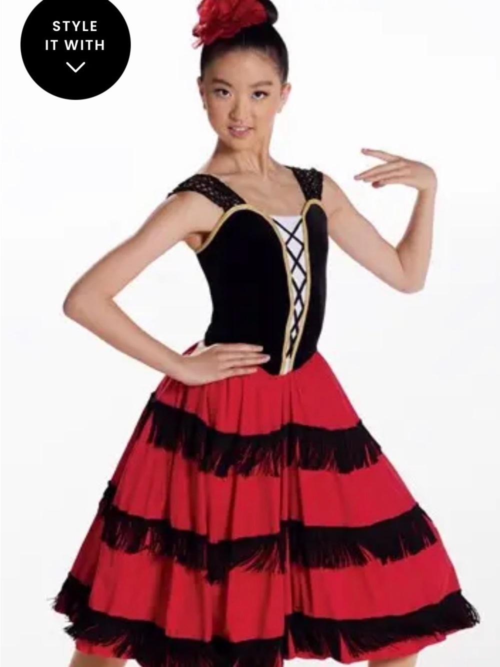 Vintage-Inspired Spanish Dancer Red & Black Fringe Dress with Gold Trim
